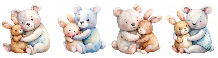 Collection of Adorable Watercolor Illustrations of Bears Hugging Plush Bunnies in Various Colors