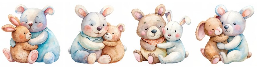 Fototapeta premium Collection of Adorable Watercolor Bears Hugging Plush Bunnies in Various Poses