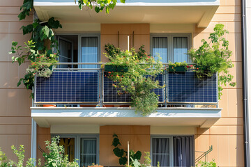 Fototapeta premium Balcony power station on an urban apartment block (A.I.-generated)