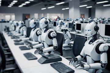 Robots work in the office. Artificial intelligence concept