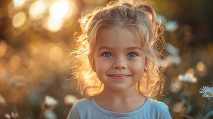 Fototapeta premium Young girl smiling surrounded by blurred flowers in golden sunset light