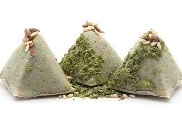 Traditional rice dumplings with green tea powder, highlighting a unique and cultural dessert option with a delicate and chewy texture