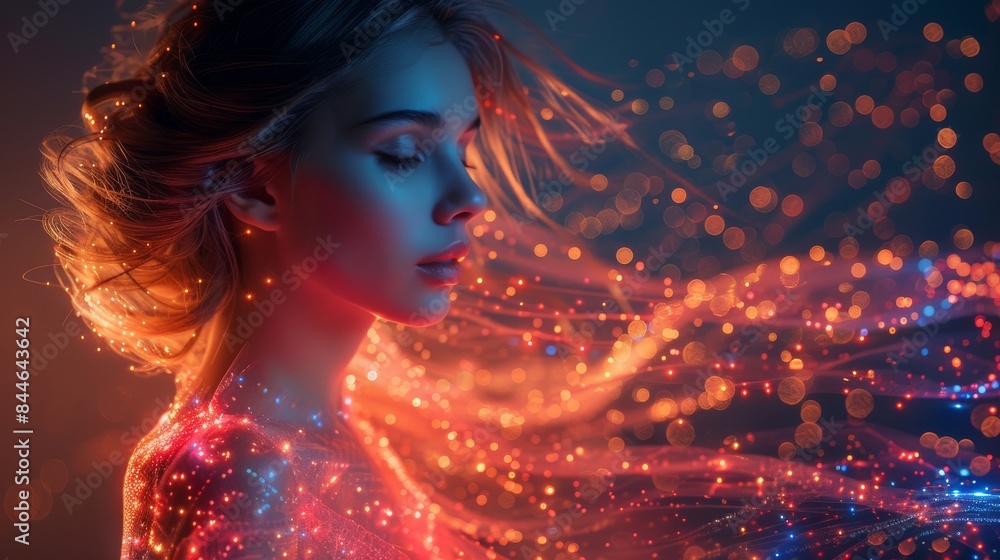 Poster digital art showing a woman from behind with sparkling lines representing data or connectivity