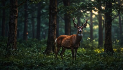 A deer stands amidst a lush forest, surrounded by towering trees and vibrant flora.