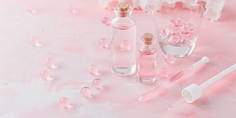 Liquid cosmetic product with pink molecules, perfect for beauty and skincare photography.