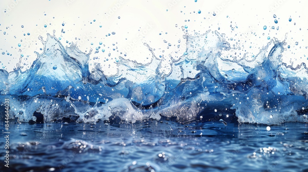Poster high-resolution image showing an energetic splash in water with wave crests and droplets flying arou