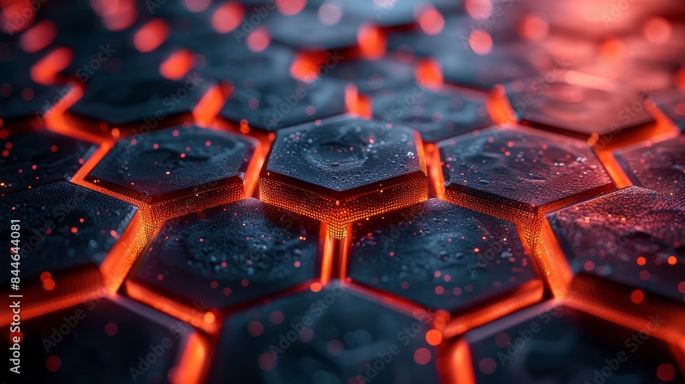 Poster close-up view of a hexagonal pattern with warm glow and water droplets creating a sleek, modern look