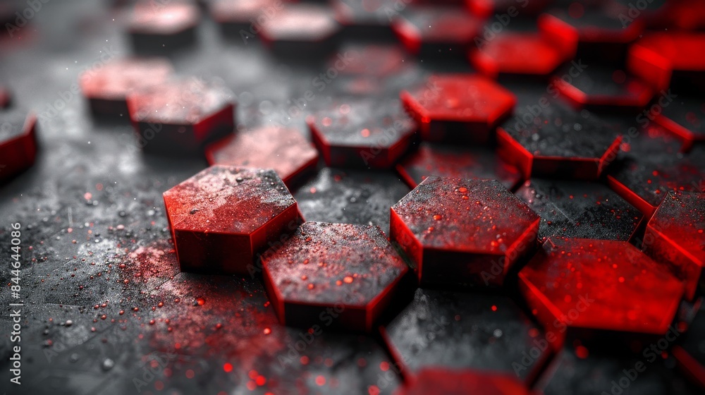 Poster vivid red hexagons with a textured surface, creating a three-dimensional effect and abstract aesthet