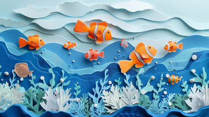 Naklejka premium Fish and corals theme wallpaper in layered paper cut style. 