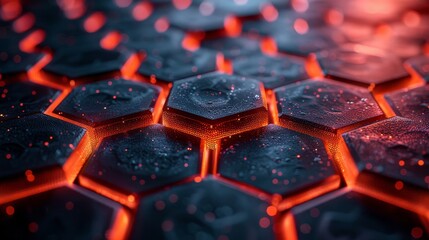 Fototapeta premium Close-up view of a hexagonal pattern with warm glow and water droplets creating a sleek, modern look