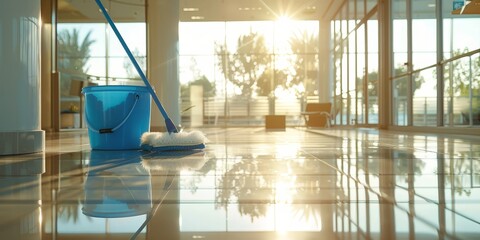 Clean hallway with mop and bucket reflecting sunlight through large windows, highlighting a bright and well-maintained interior space in a serene environment.