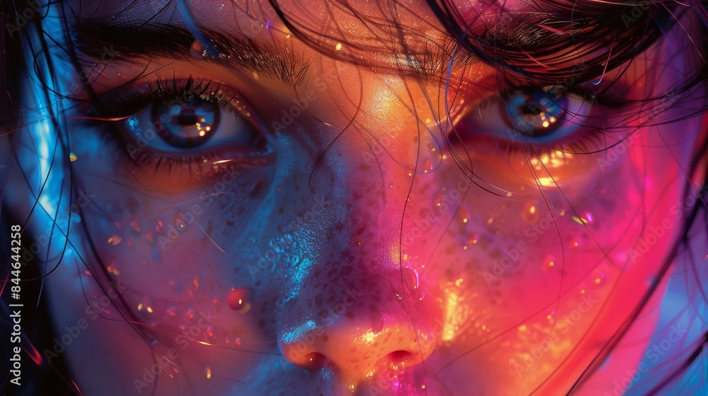 Poster the image features a gradient from dark to bright hues with abstract lighting effects on the sides