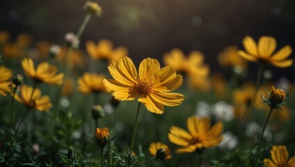 Beautiful Yellow Cosmos Flowers in a Garden with Cosmos Field Background.
