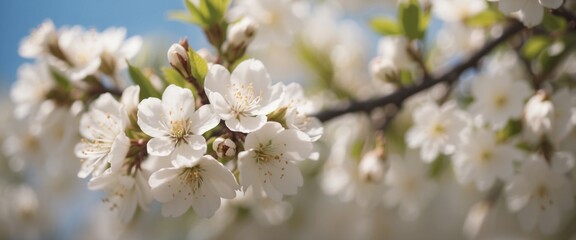 Obraz premium Blooming tree branch with white flowers close up in a sunny day Spring nature concept Selective focus.