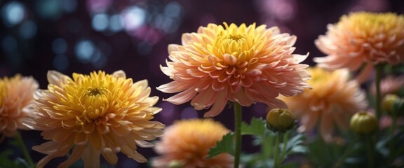Obraz premium Chrysanthemum flowers on bright background Floral backdrop.
