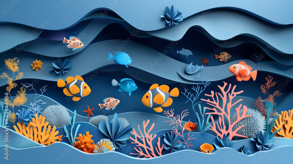 Wall mural Fish and corals theme wallpaper in layered paper cut style. 
