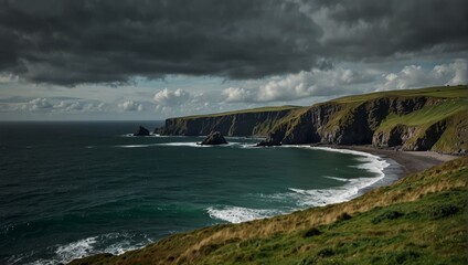 Obraz premium fantastic typical Irish landscape, with green hills and cliffs by the sea, St Patrick's Day celebration, March.