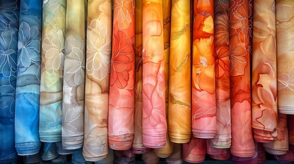 Luxurious silk fabric rolls in gradient colors with intricate floral patterns