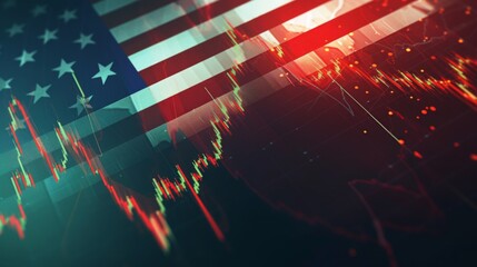 Stock market green red color economy. usa flag background. Trends economic Effect recession on US economy
