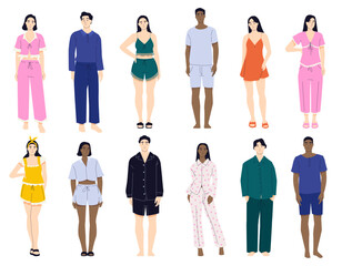 People in pajamas. Cartoon characters in nightwear, cute male and female in pajamas, couple in bedclothes having fun together. Vector isolated set