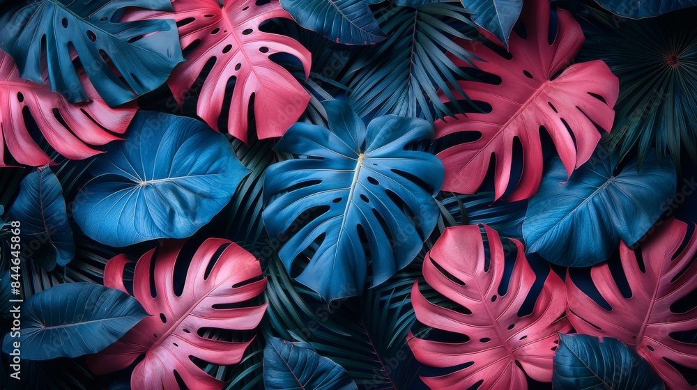 Poster a dense pattern of tropical leaves featuring a color palette of rich blues and subtle pinks, creatin