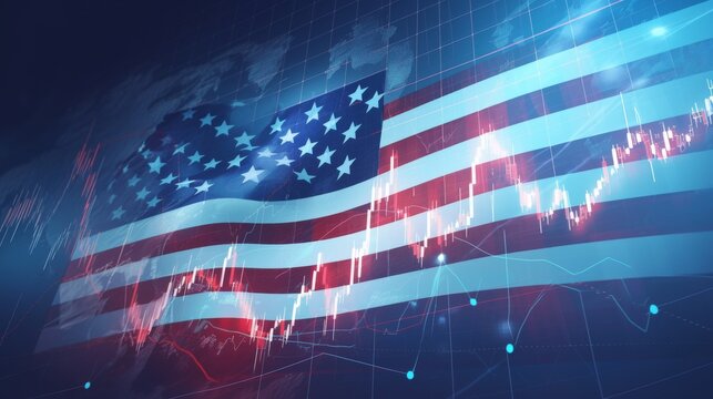 Stock market green red color economy. usa flag background. Trends economic Effect recession on US economy