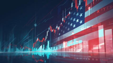 Stock market green red color economy. usa flag background. Trends economic Effect recession on US economy