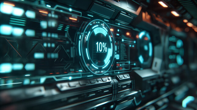 Futuristic Holographic Progress Bar at 10% Completion: High-Tech Update or Loading Visualization in Cyber Environment with Glowing Blue Interface