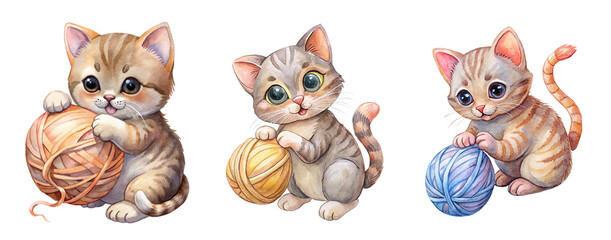 Obraz premium Collection of Watercolor Kittens Playing with Yarn Balls Illustrations