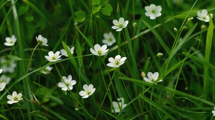 Small white flowers among the blades of grass