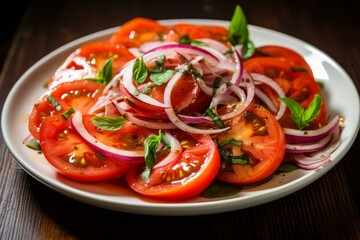 Vibrant salad dish with sliced tomatoes, red onions, and fresh basil leaves drizzled with dressing