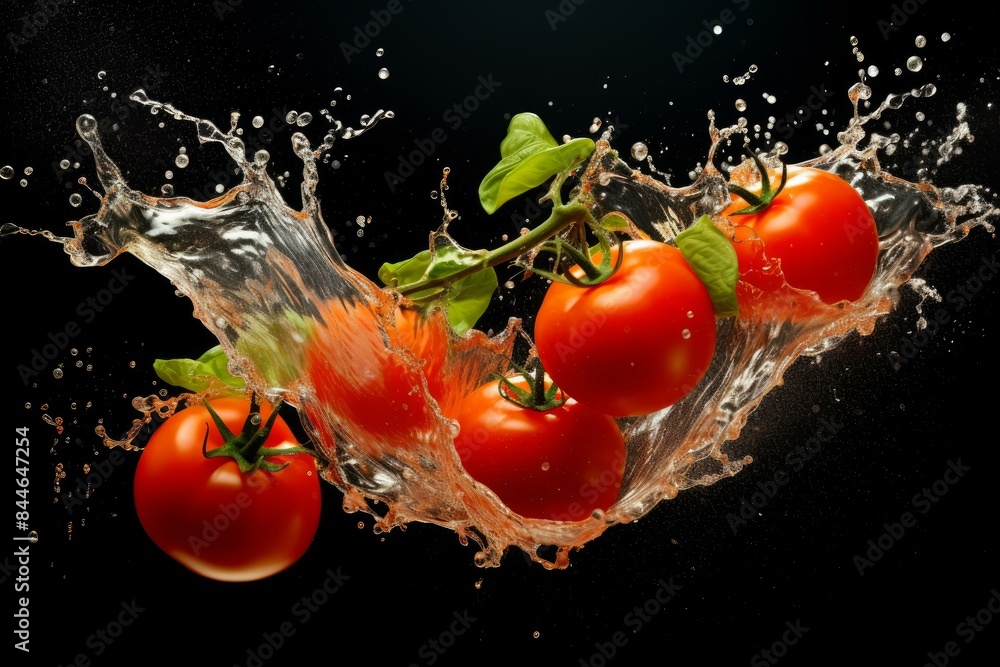 Poster vibrant tomatoes with a dynamic water splash isolated on a dark backdrop