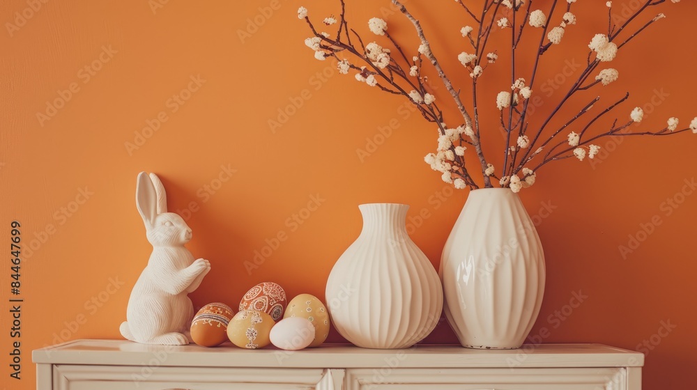 Sticker decorative easter display featuring eggs bunny and vase on dresser against orange backdrop