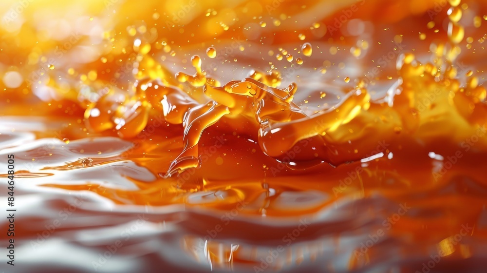 Poster a macro shot of a vibrant golden liquid splash, showcasing dynamic fluidity and texture