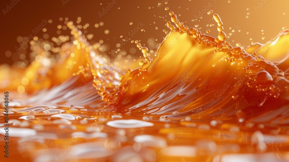 Poster dynamic image of golden fluid splashing, set against a dark backdrop, suggesting movement and elegan