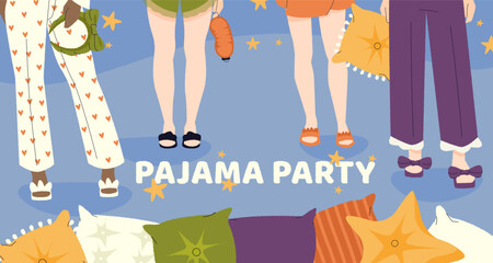 Pajama party. Cartoon invitation card with cute girls in nightwear, sleepover celebration with pajama and slippers. Vector flyer template.