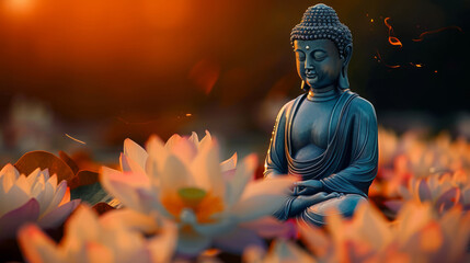 A Buddha statue placed on a rock in the river, surrounded by lotus flowers and candles.