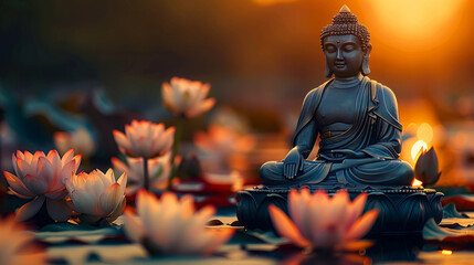 A Buddha statue placed on a rock in the river, surrounded by lotus flowers and candles.