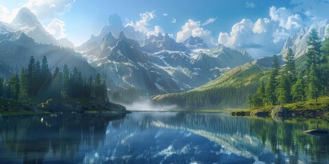 Fototapeta premium A beautiful mountain landscape with a lake in the foreground generated by AI