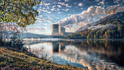 Fototapeta premium A serene landscape featuring a nuclear power plant with large cooling towers emitting steam, reflecting in a calm lake surrounded by lush, green hills and trees under a bright sky.
