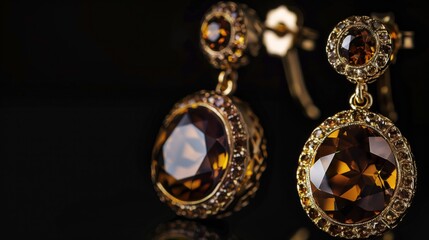 Luxurious dark brown gemstone earrings with surrounding diamonds and gold setting displayed on a mirror