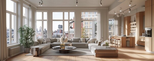 An elegant urban apartment interior, with comfortable seating, and a view of the cityscape