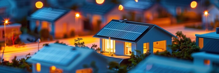 A miniature model of a sustainable neighborhood with solar panels and warm lighting