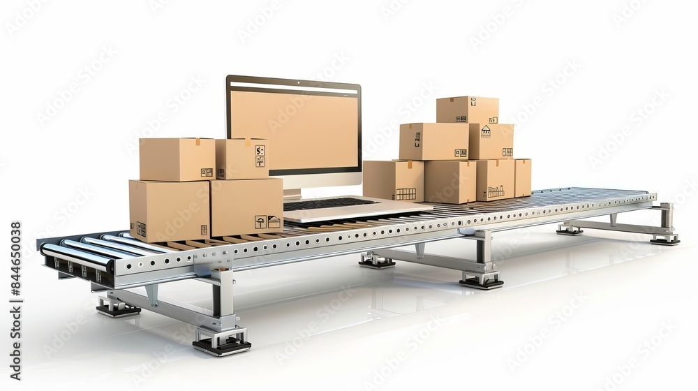 Poster a 3d illustration portrays a conveyor belt with boxes extending from a laptop symbolizing conveyor d
