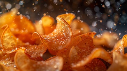 Close-up of crispy seasoned potato chips with salt crystals and vibrant bokeh background