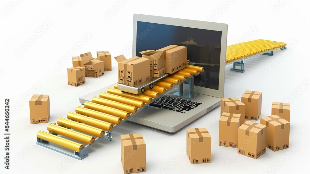 Poster a 3d illustration portrays a conveyor belt with boxes extending from a laptop symbolizing conveyor d