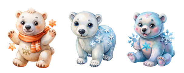 Collection of Watercolor Polar Bear Cubs Playing with Snowflakes in Winter Scenes