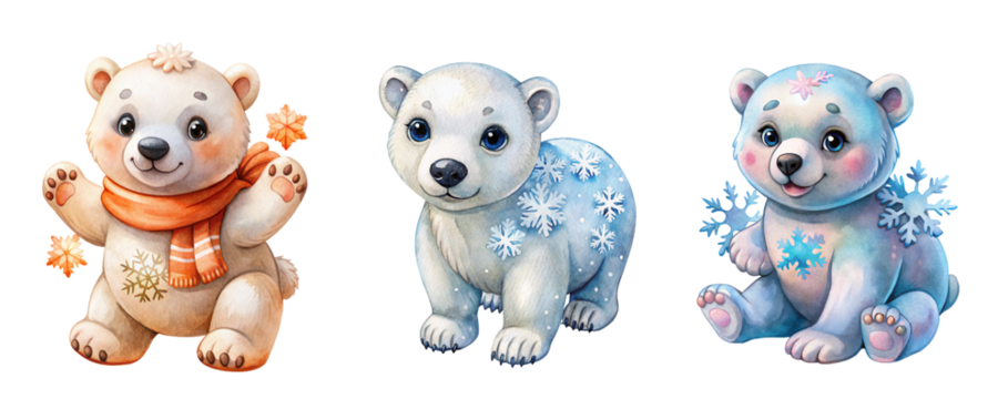 Collection of Watercolor Polar Bear Cubs Playing with Snowflakes in Winter Scenes