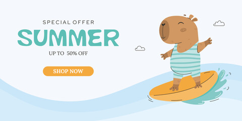 Summer sale banner with capybara surfing in sea