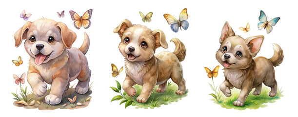 Obraz premium Collection of Watercolor Puppy Illustrations Chasing Butterflies in a Meadow